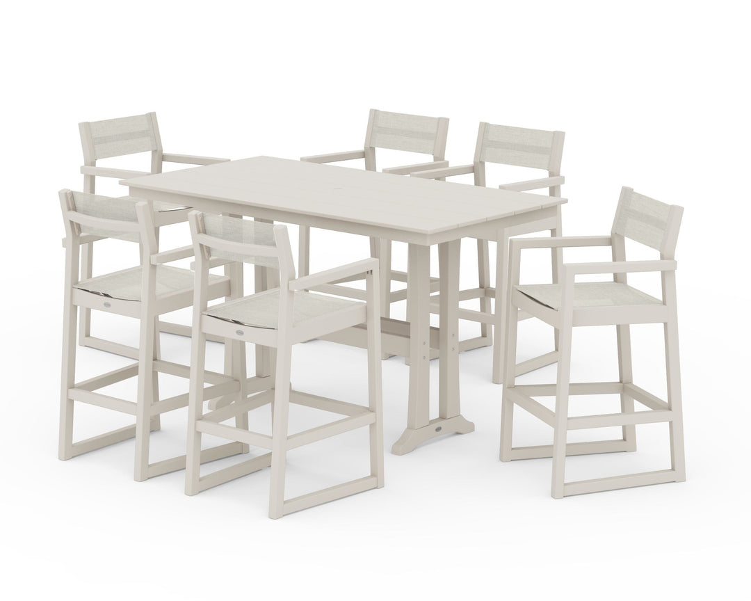 POLYWOOD® EDGE Sling Arm Chair 7-Piece Farmhouse Bar Set with Trestle Legs