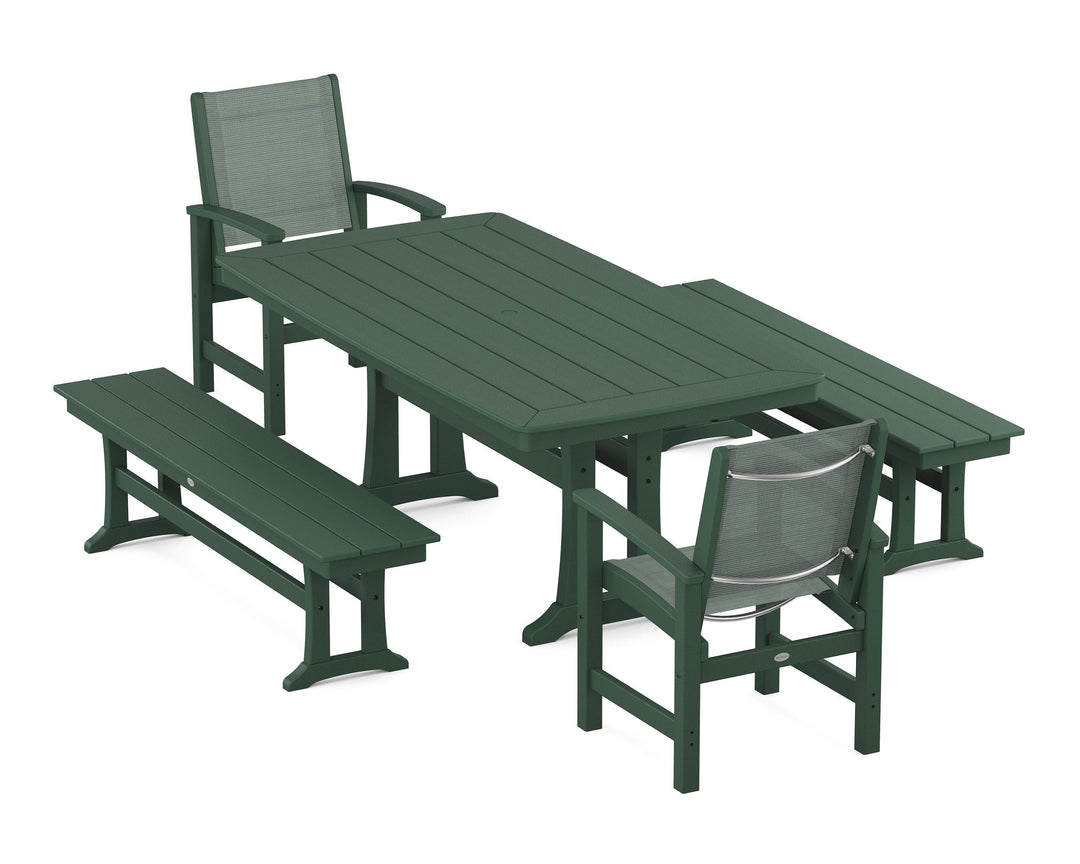 POLYWOOD® Coastal 5-Piece Dining Set with Trestle Legs and Benches