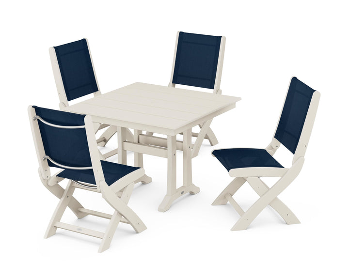 POLYWOOD® Coastal Folding Side Chair 5-Piece Farmhouse Dining Set With Trestle Legs