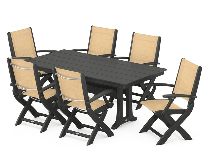 POLYWOOD® Coastal Folding Arm Chair 7-Piece Farmhouse Dining Set with Trestle Legs
