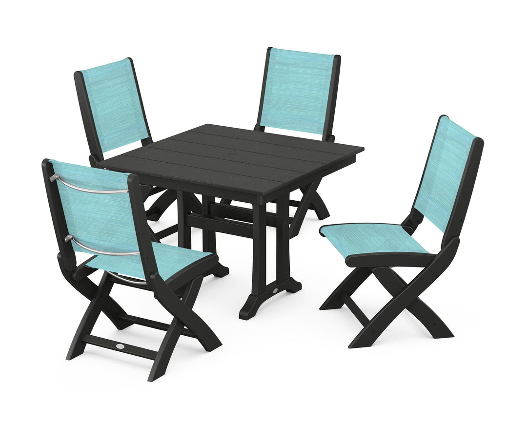 POLYWOOD® Coastal Folding Side Chair 5-Piece Farmhouse Dining Set With Trestle Legs