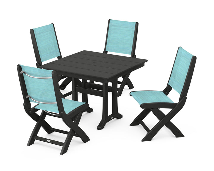 POLYWOOD® Coastal Folding Side Chair 5-Piece Farmhouse Dining Set With Trestle Legs