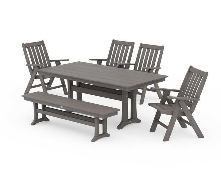 POLYWOOD® Vineyard 6-Piece Folding Chair Farmhouse Dining Set with Trestle Legs and Bench
