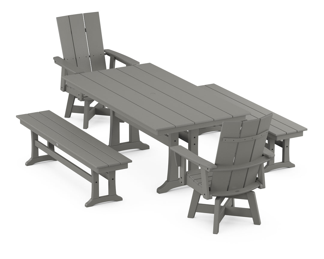 POLYWOOD® Modern Curveback Adirondack Swivel Chair 5-Piece Farmhouse Dining Set With Trestle Legs and Benches