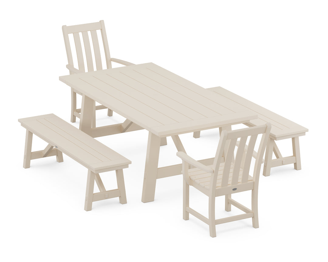 POLYWOOD® Vineyard 5-Piece Rustic Farmhouse Dining Set With Benches