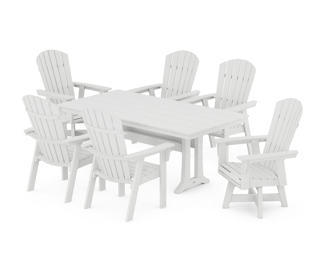 POLYWOOD® Nautical Curveback Adirondack Swivel Chair 7-Piece Farmhouse Dining Set With Trestle Legs