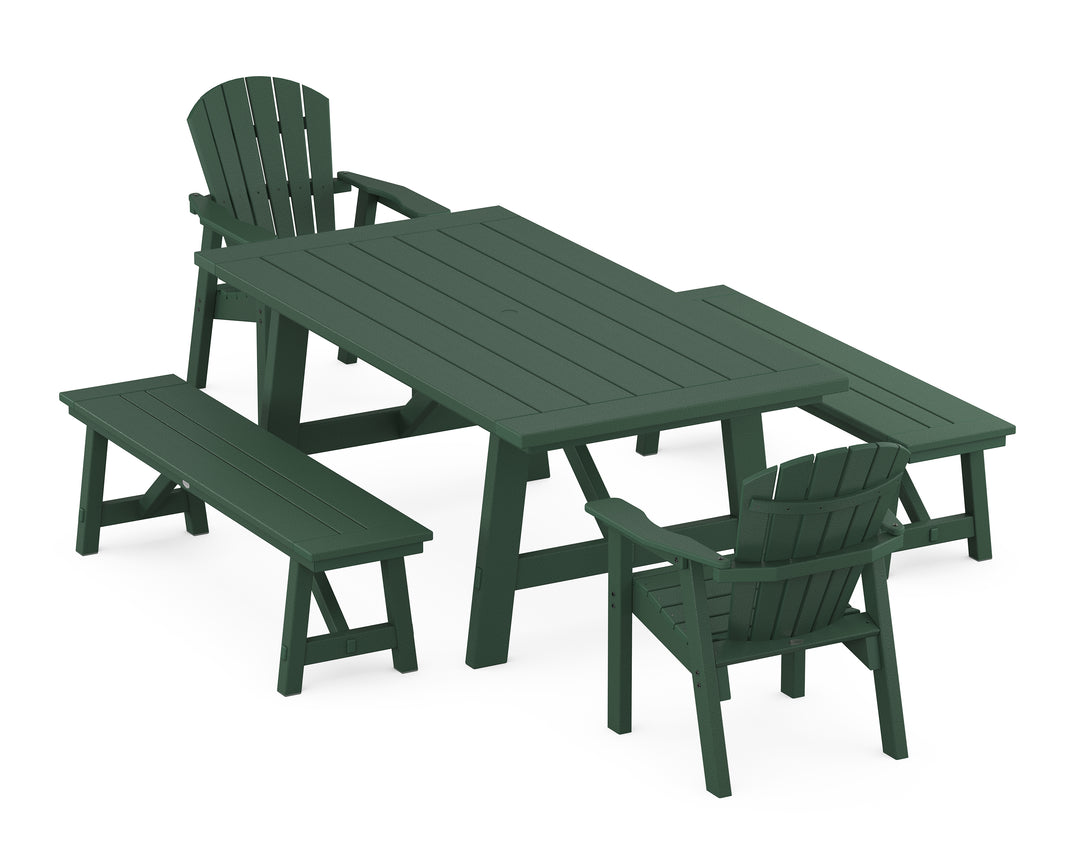 POLYWOOD® Seashell 5-Piece Rustic Farmhouse Dining Set With Benches