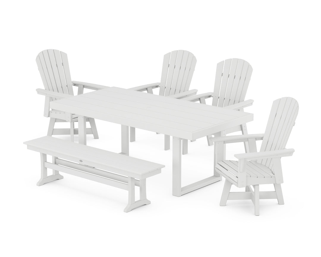 POLYWOOD® Nautical Curveback Adirondack Swivel Chair 6-Piece Dining Set with Bench