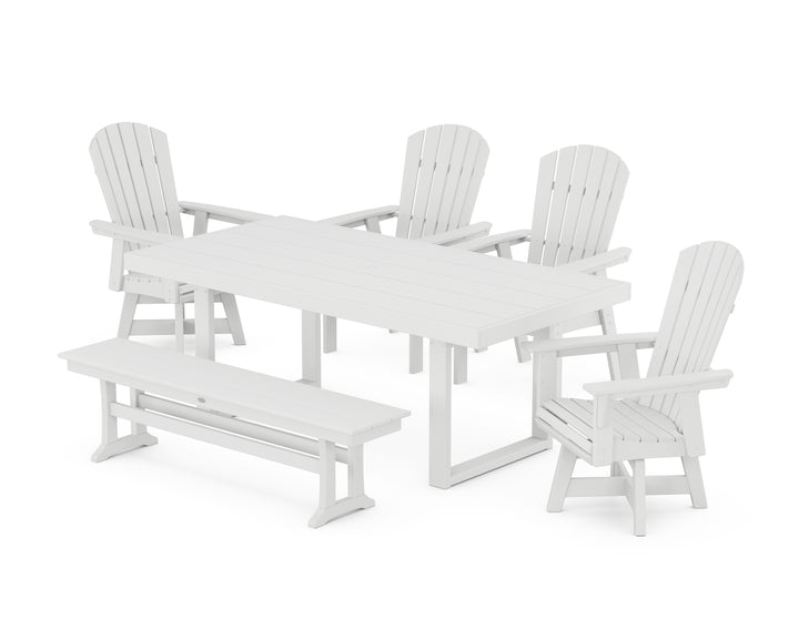 POLYWOOD® Nautical Curveback Adirondack Swivel Chair 6-Piece Dining Set with Bench
