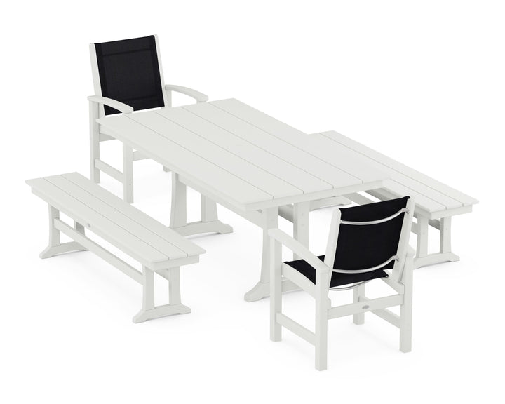 POLYWOOD® Coastal 5-Piece Farmhouse Dining Set with Trestle Legs and Benches