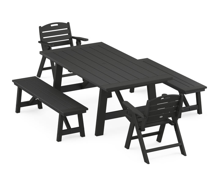 POLYWOOD® Nautical Folding Lowback Chair 5-Piece Rustic Farmhouse Dining Set With Benches