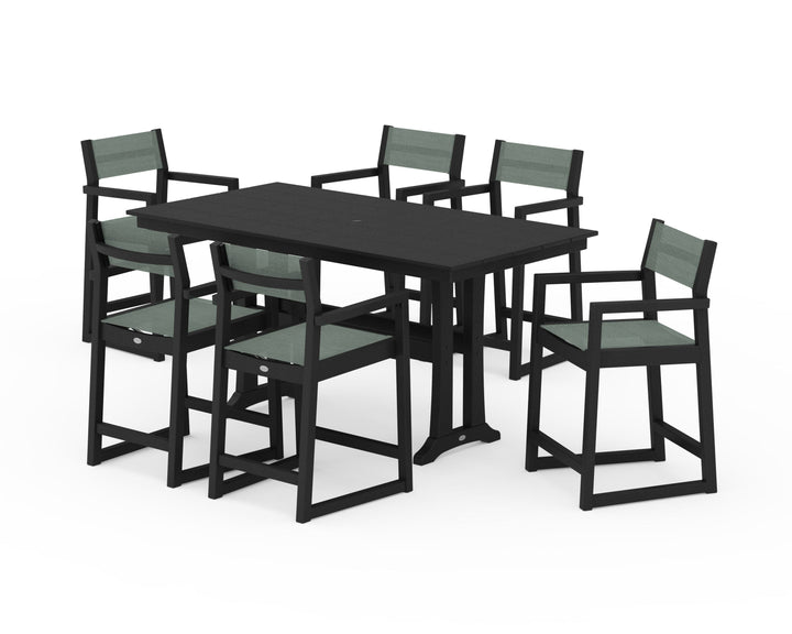 POLYWOOD® EDGE Sling Arm Chair 7-Piece Farmhouse Counter Set with Trestle Legs