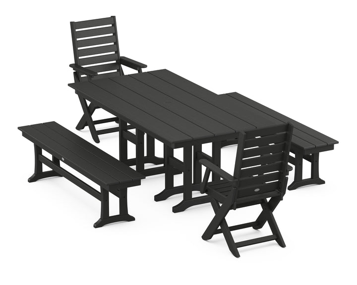 POLYWOOD® Captain Folding Chair 5-Piece Farmhouse Dining Set with Benches
