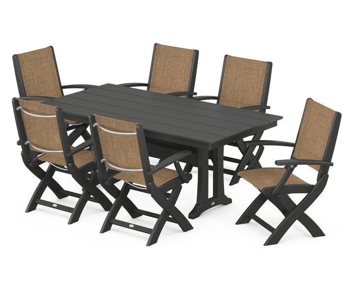 POLYWOOD® Coastal Folding Arm Chair 7-Piece Farmhouse Dining Set with Trestle Legs