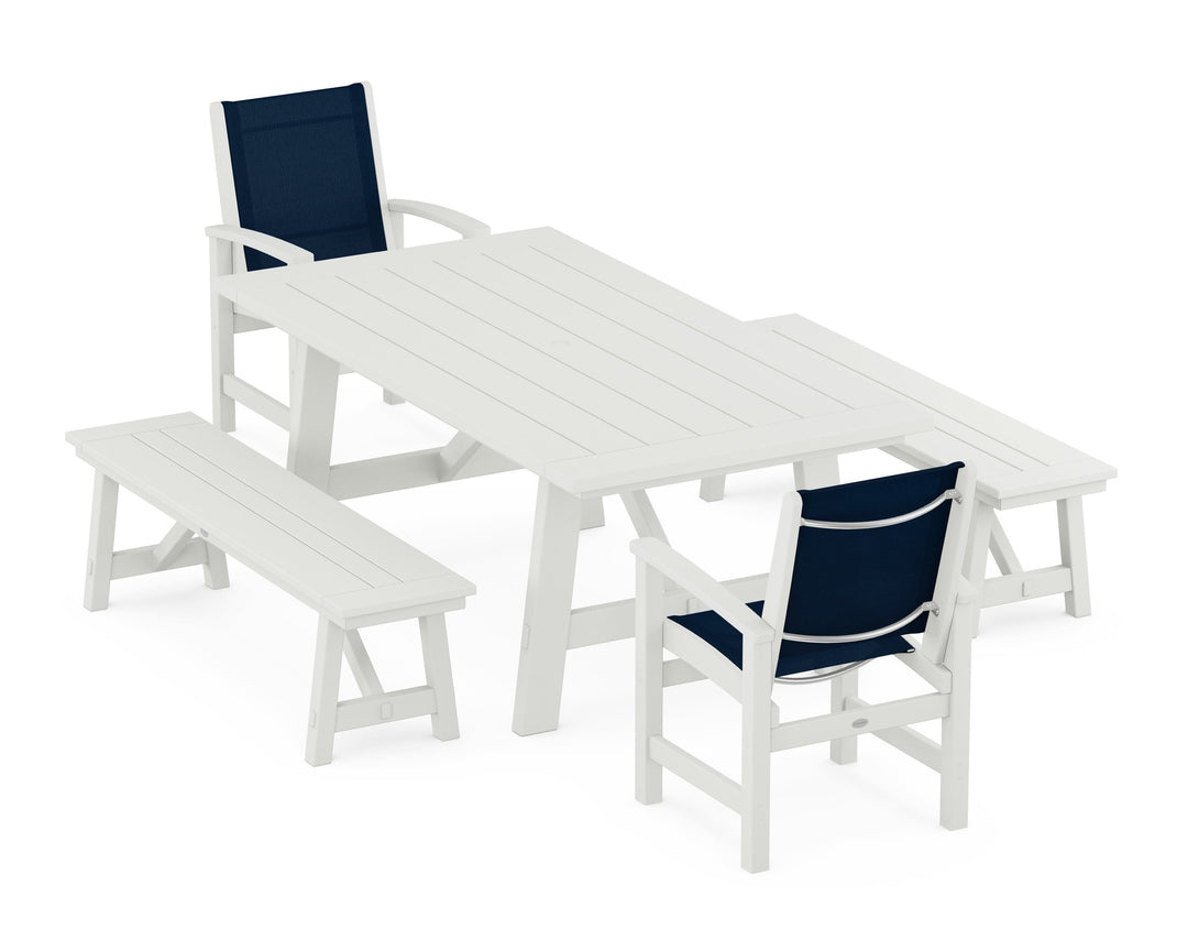 POLYWOOD® Coastal 5-Piece Rustic Farmhouse Dining Set With Benches