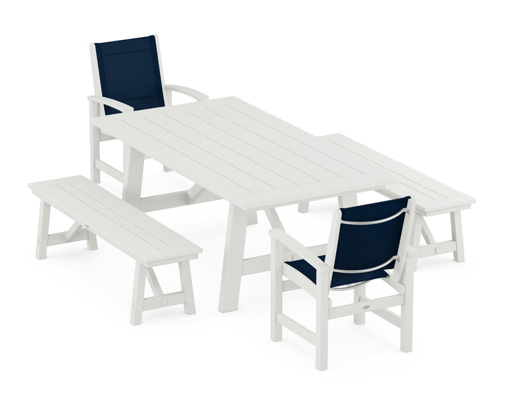 POLYWOOD® Coastal 5-Piece Rustic Farmhouse Dining Set With Benches