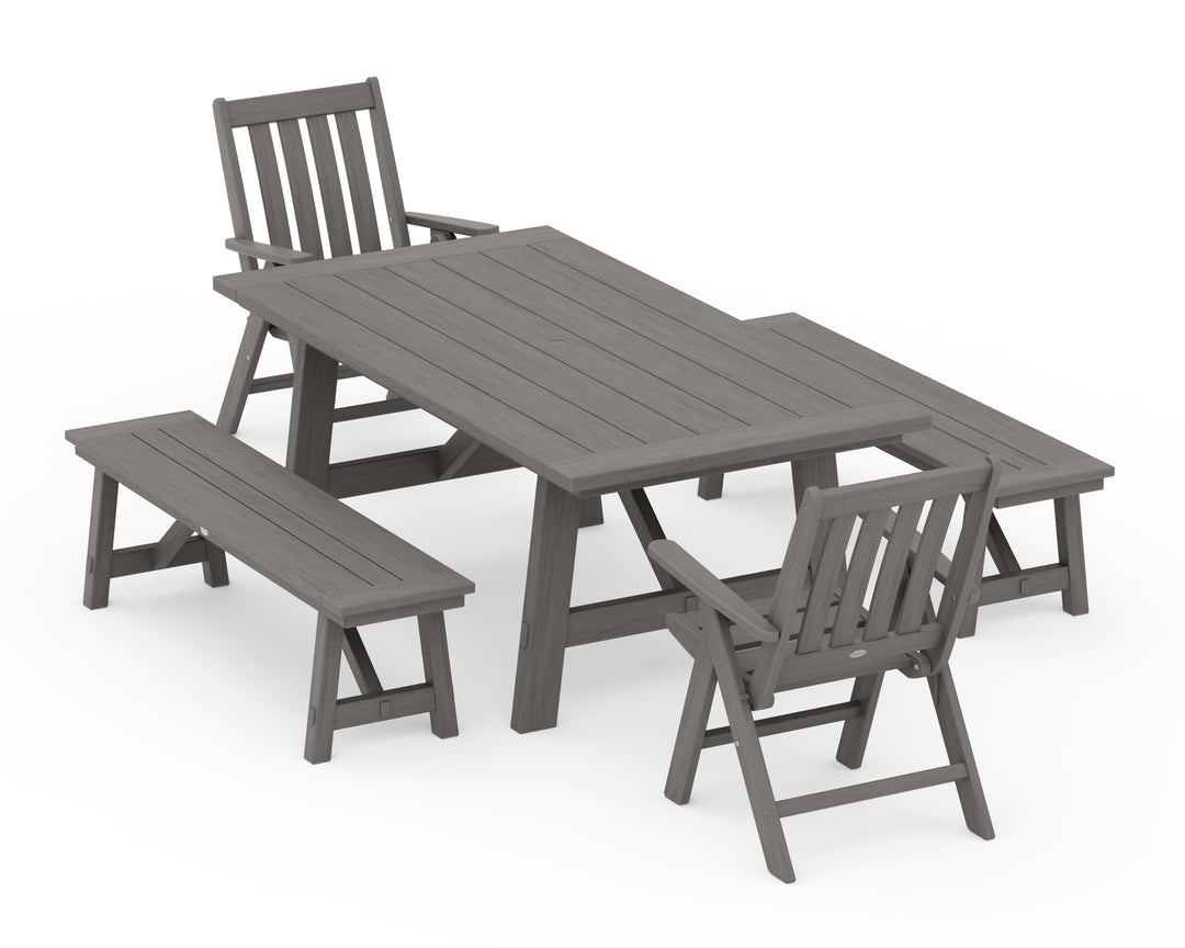 POLYWOOD® Vineyard Folding Chair 5-Piece Rustic Farmhouse Dining Set With Benches