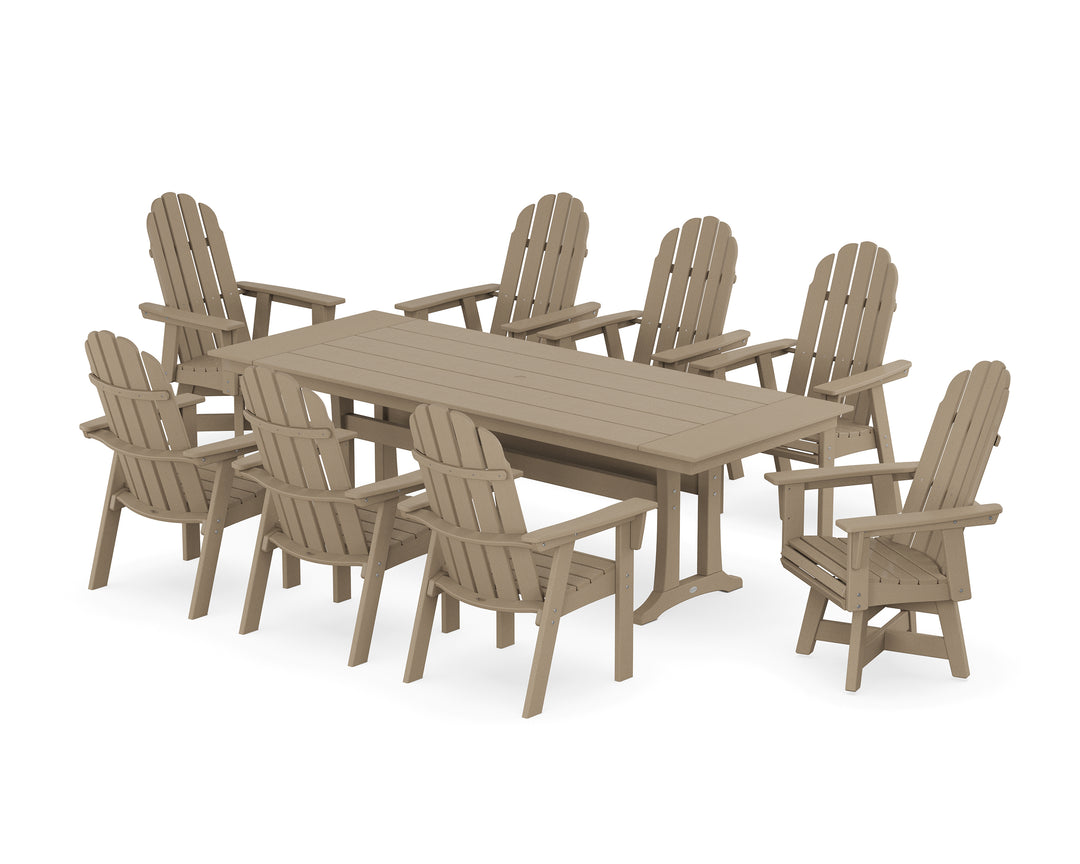 POLYWOOD® Vineyard 9-Piece Curveback Adirondack Swivel Farmhouse Dining Set with Trestle Legs