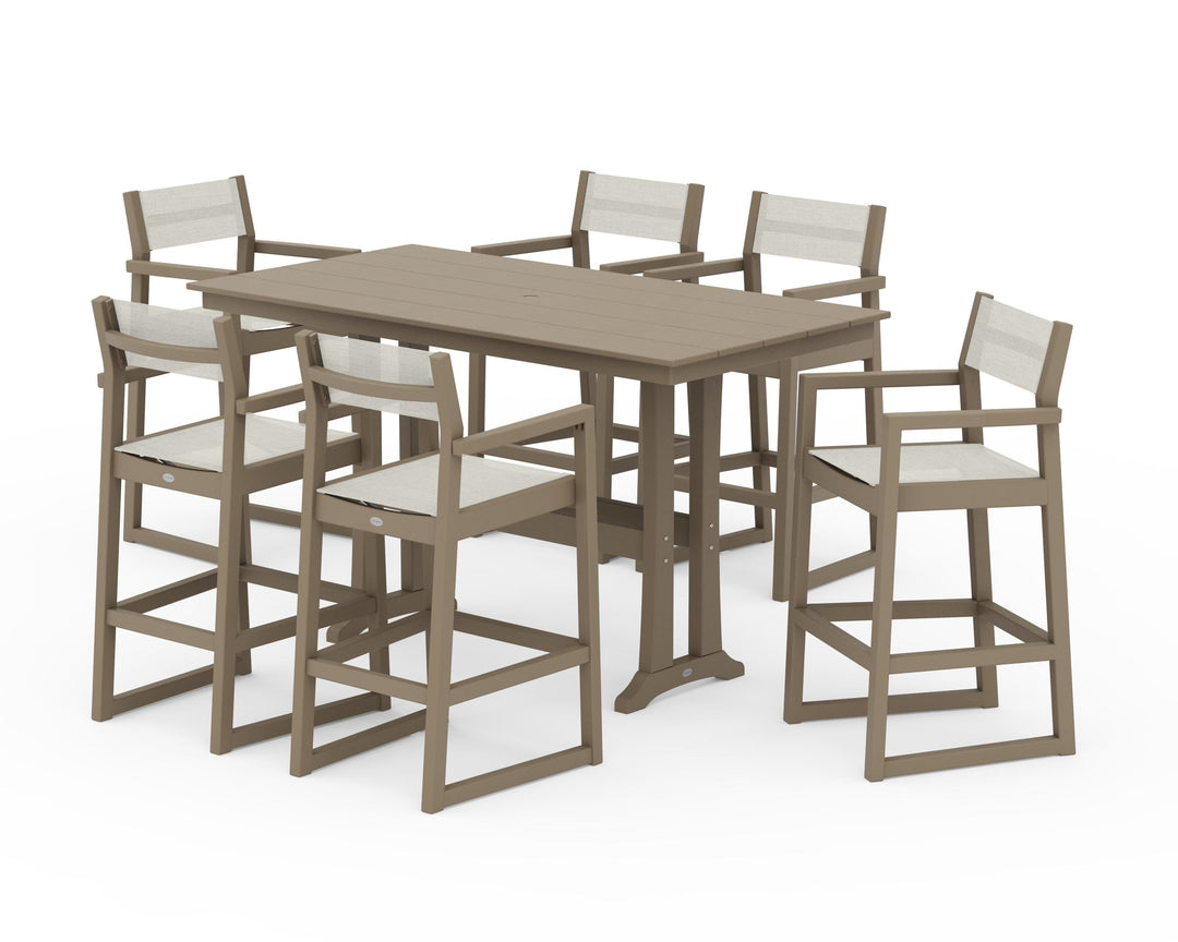 POLYWOOD® EDGE Sling Arm Chair 7-Piece Farmhouse Bar Set with Trestle Legs