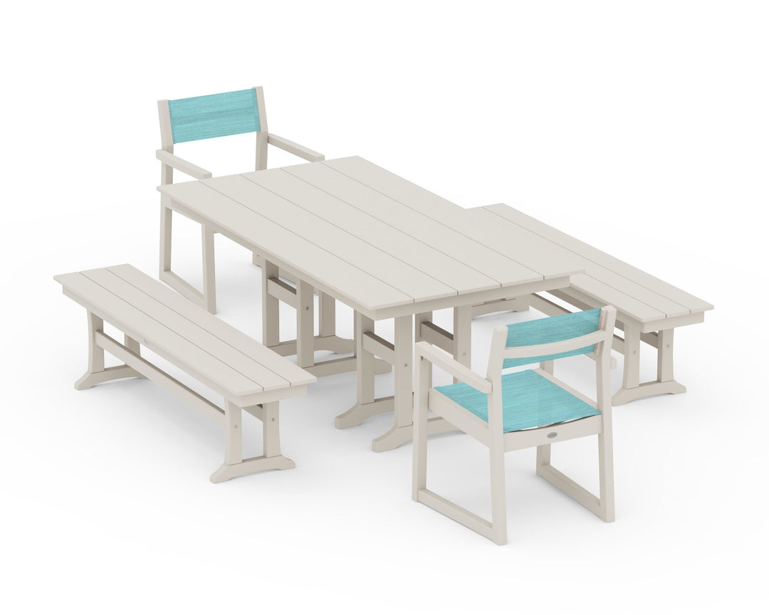 POLYWOOD® EDGE Sling Arm Chair 5-Piece Farmhouse Dining Set with Benches