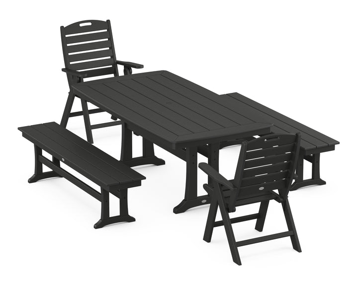 POLYWOOD® Nautical Folding Highback Chair 5-Piece Dining Set with Trestle Legs and Benches