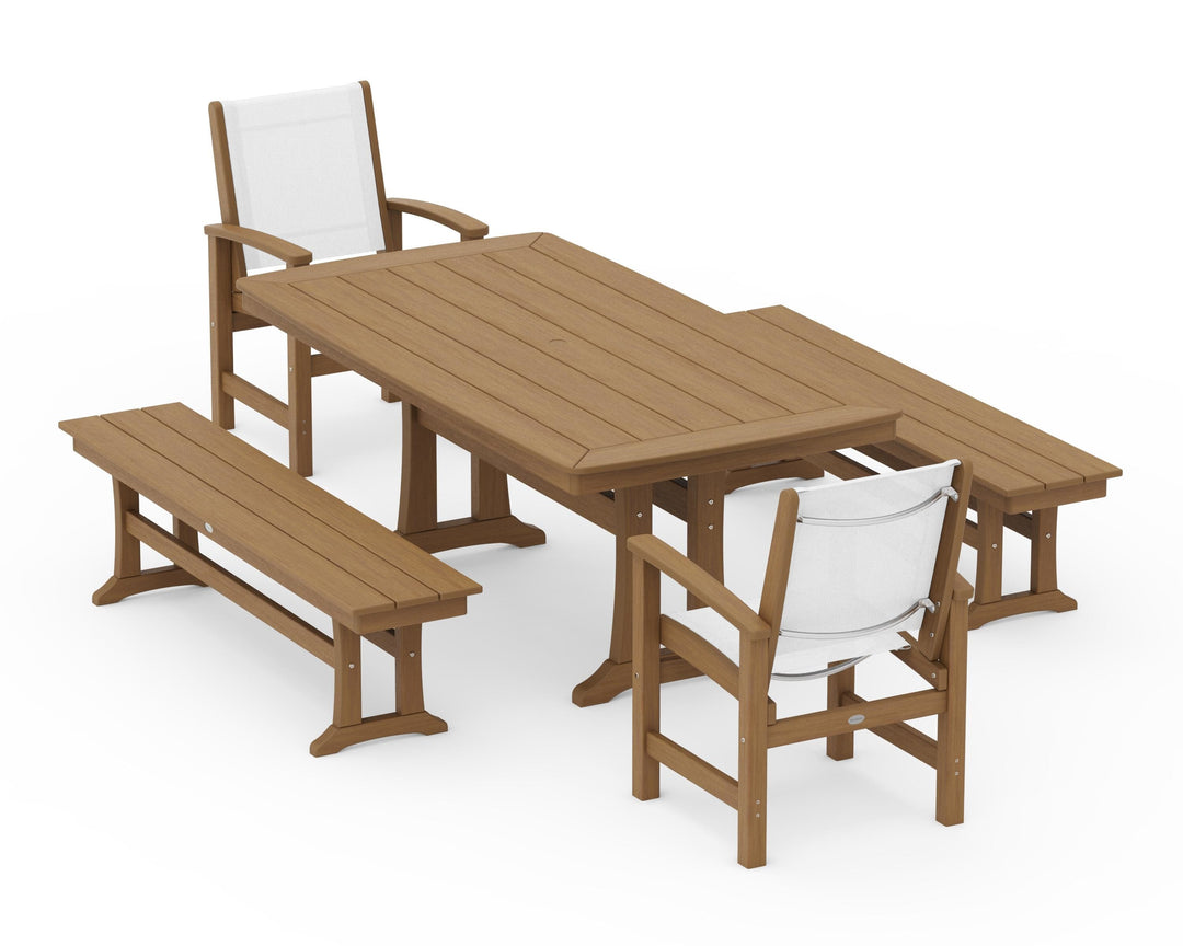 POLYWOOD® Coastal 5-Piece Dining Set with Trestle Legs and Benches