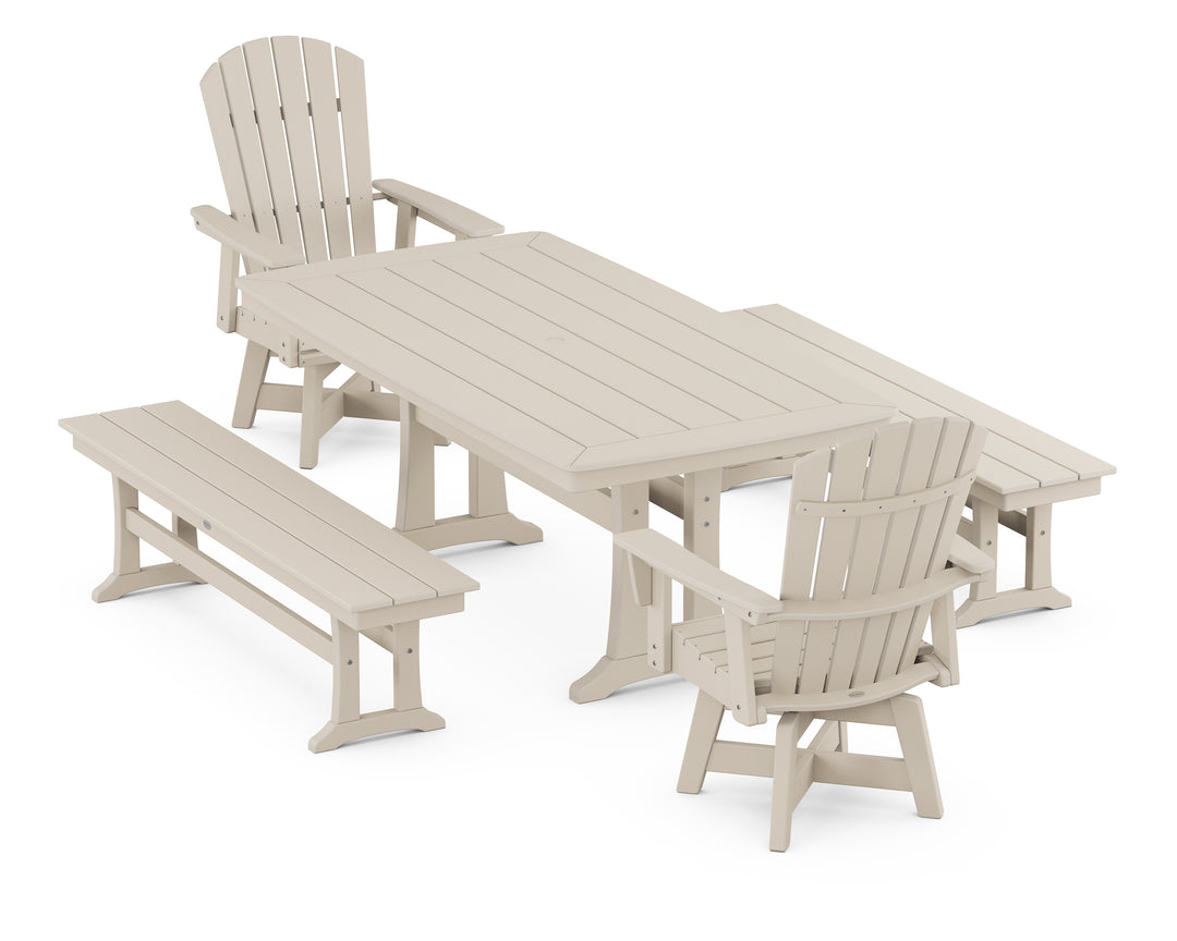 POLYWOOD® Nautical Curveback Adirondack Swivel Chair 5-Piece Dining Set with Trestle Legs and Benches