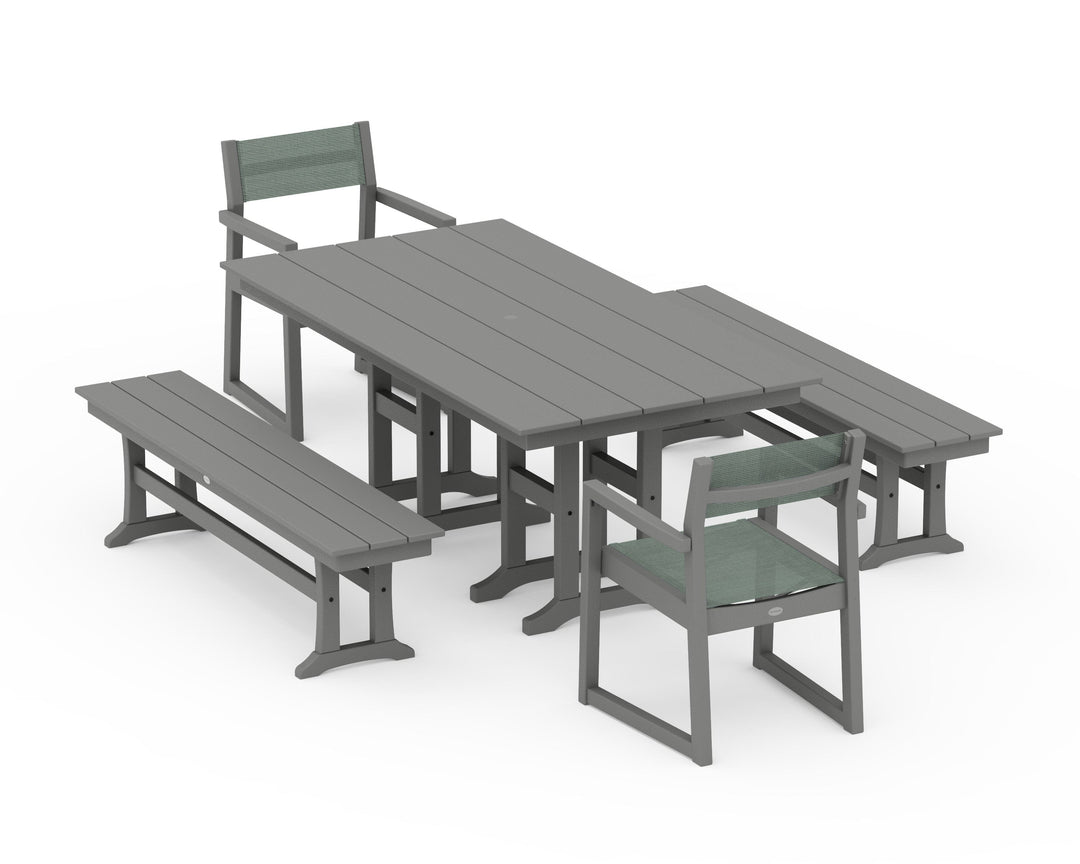 POLYWOOD® EDGE Sling Arm Chair 5-Piece Farmhouse Dining Set with Benches