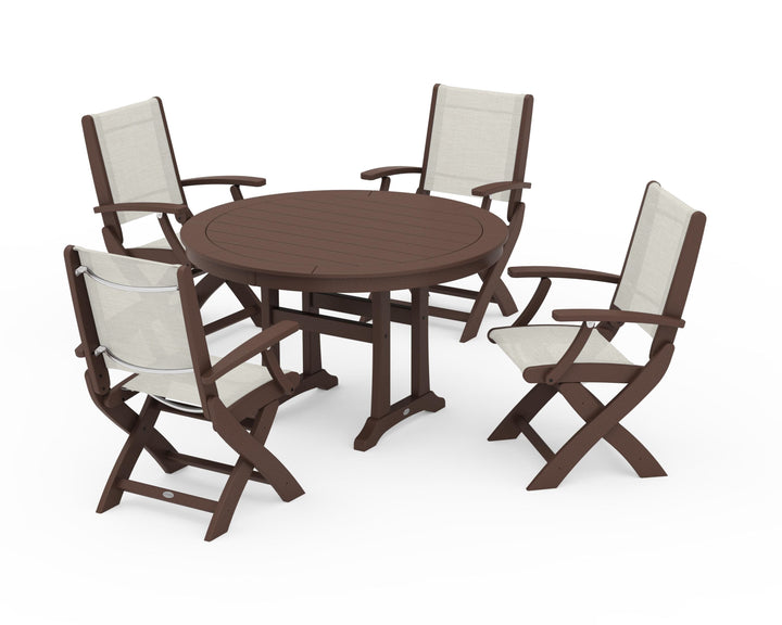 POLYWOOD® Coastal Folding Chair 5-Piece Round Dining Set with Trestle Legs