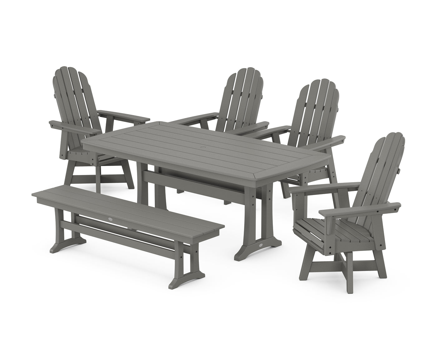 Vineyard Curveback Adirondack Swivel Chair 6-Piece Dining Set with Trestle Legs and Bench