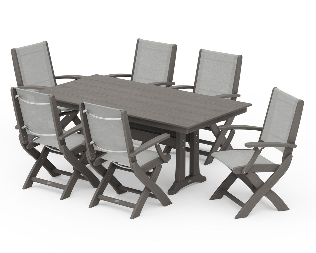 POLYWOOD® Coastal Folding Arm Chair 7-Piece Farmhouse Dining Set with Trestle Legs