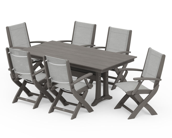 POLYWOOD® Coastal Folding Arm Chair 7-Piece Farmhouse Dining Set with Trestle Legs
