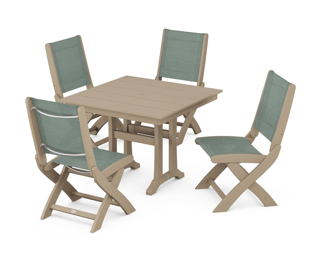 POLYWOOD® Coastal Folding Side Chair 5-Piece Farmhouse Dining Set With Trestle Legs