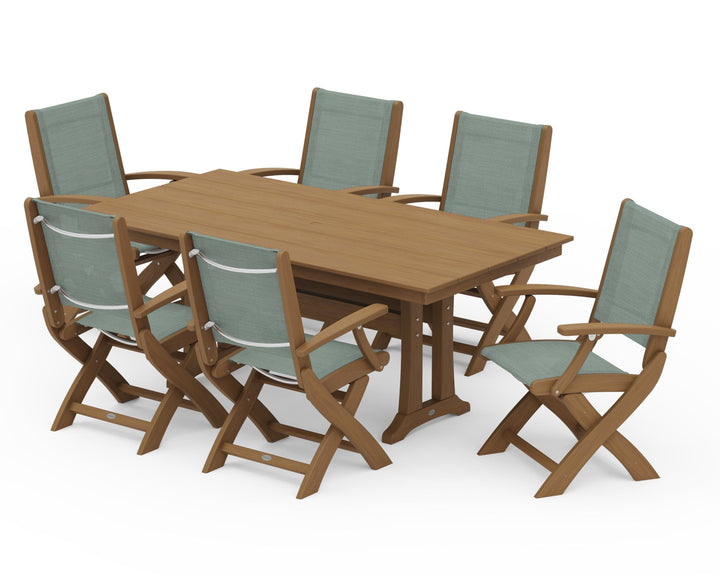 POLYWOOD® Coastal Folding Arm Chair 7-Piece Farmhouse Dining Set with Trestle Legs