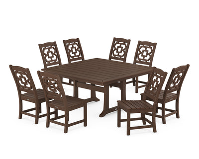 Chinoiserie 9-Piece Square Side Chair Dining Set with Trestle Legs