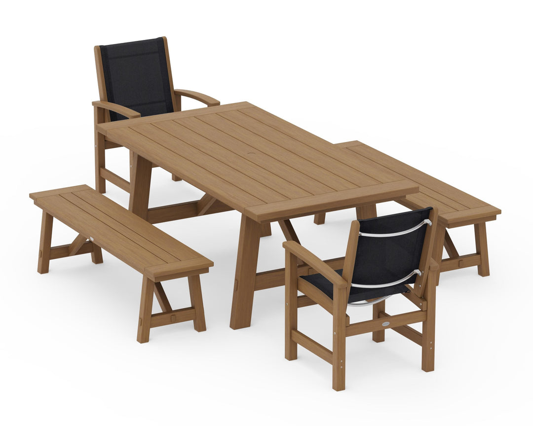 POLYWOOD® Coastal 5-Piece Rustic Farmhouse Dining Set With Benches
