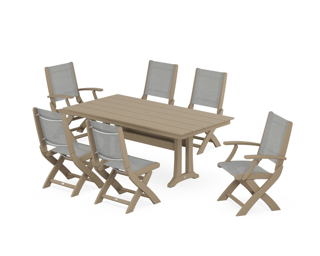POLYWOOD® Coastal Folding Chair 7-Piece Farmhouse Dining Set with Trestle Legs