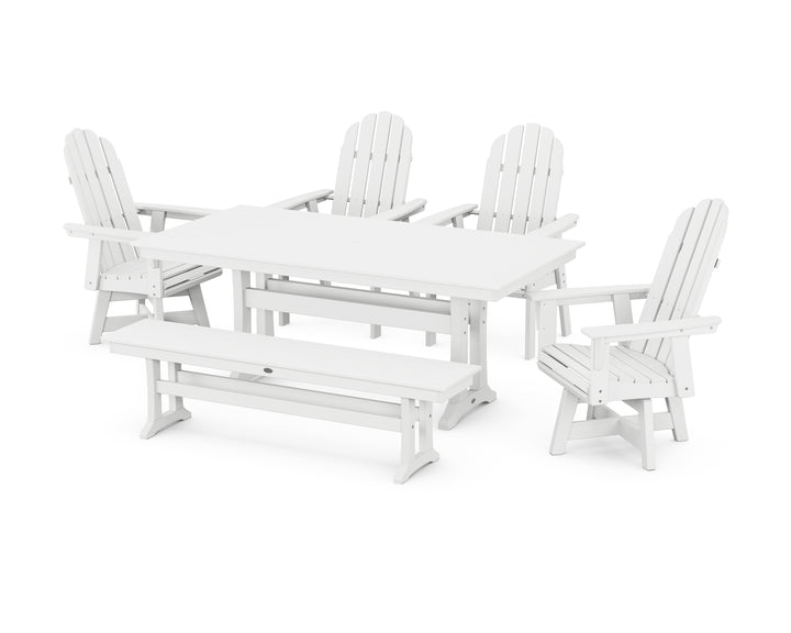POLYWOOD® Vineyard Curveback Adirondack 6-Piece Swivel Chair Farmhouse Dining Set with Trestle Legs and Bench
