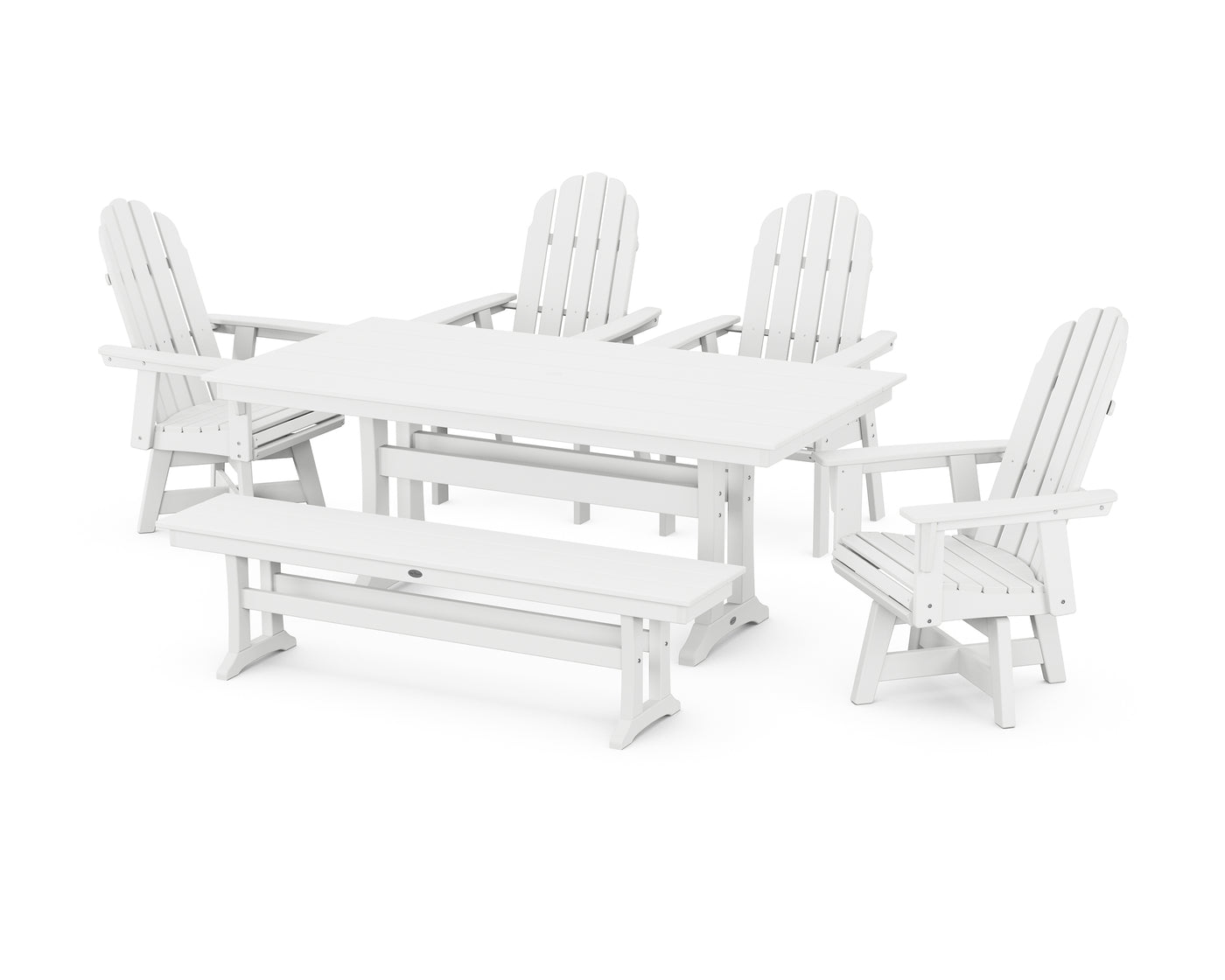 Vineyard Curveback Adirondack 6-Piece Swivel Chair Farmhouse Dining Set with Trestle Legs and Bench