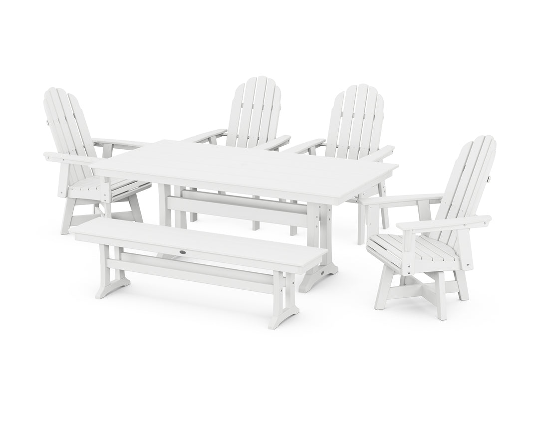 POLYWOOD® Vineyard Curveback Adirondack 6-Piece Swivel Chair Farmhouse Dining Set with Trestle Legs and Bench