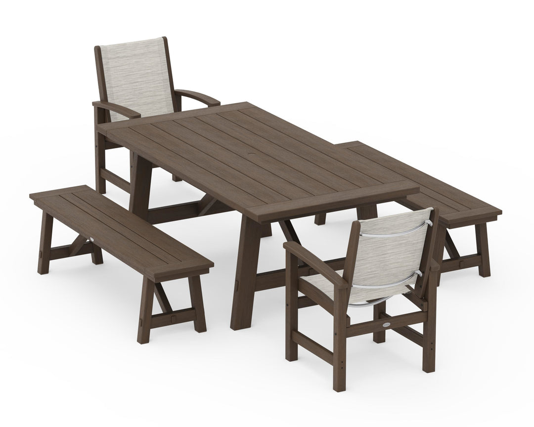 POLYWOOD® Coastal 5-Piece Rustic Farmhouse Dining Set With Benches
