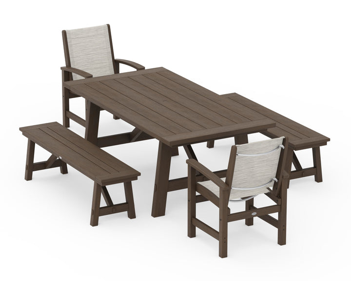 POLYWOOD® Coastal 5-Piece Rustic Farmhouse Dining Set With Benches