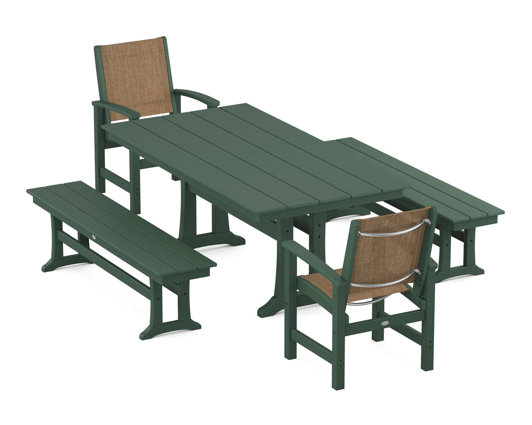POLYWOOD® Coastal 5-Piece Farmhouse Dining Set with Trestle Legs and Benches