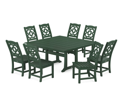 Chinoiserie 9-Piece Square Farmhouse Side Chair Dining Set with Trestle Legs