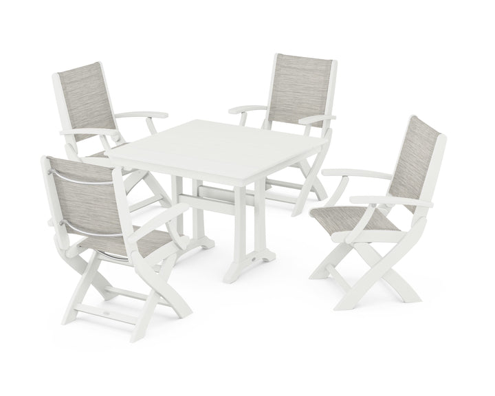 POLYWOOD® Coastal Folding Chair 5-Piece Farmhouse Dining Set With Trestle Legs