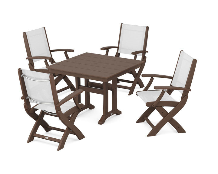 POLYWOOD® Coastal Folding Chair 5-Piece Farmhouse Dining Set With Trestle Legs