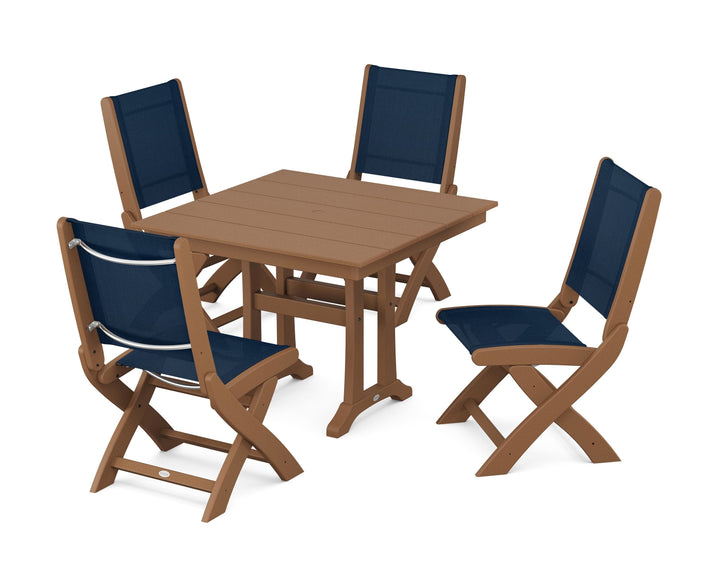POLYWOOD® Coastal Folding Side Chair 5-Piece Farmhouse Dining Set With Trestle Legs