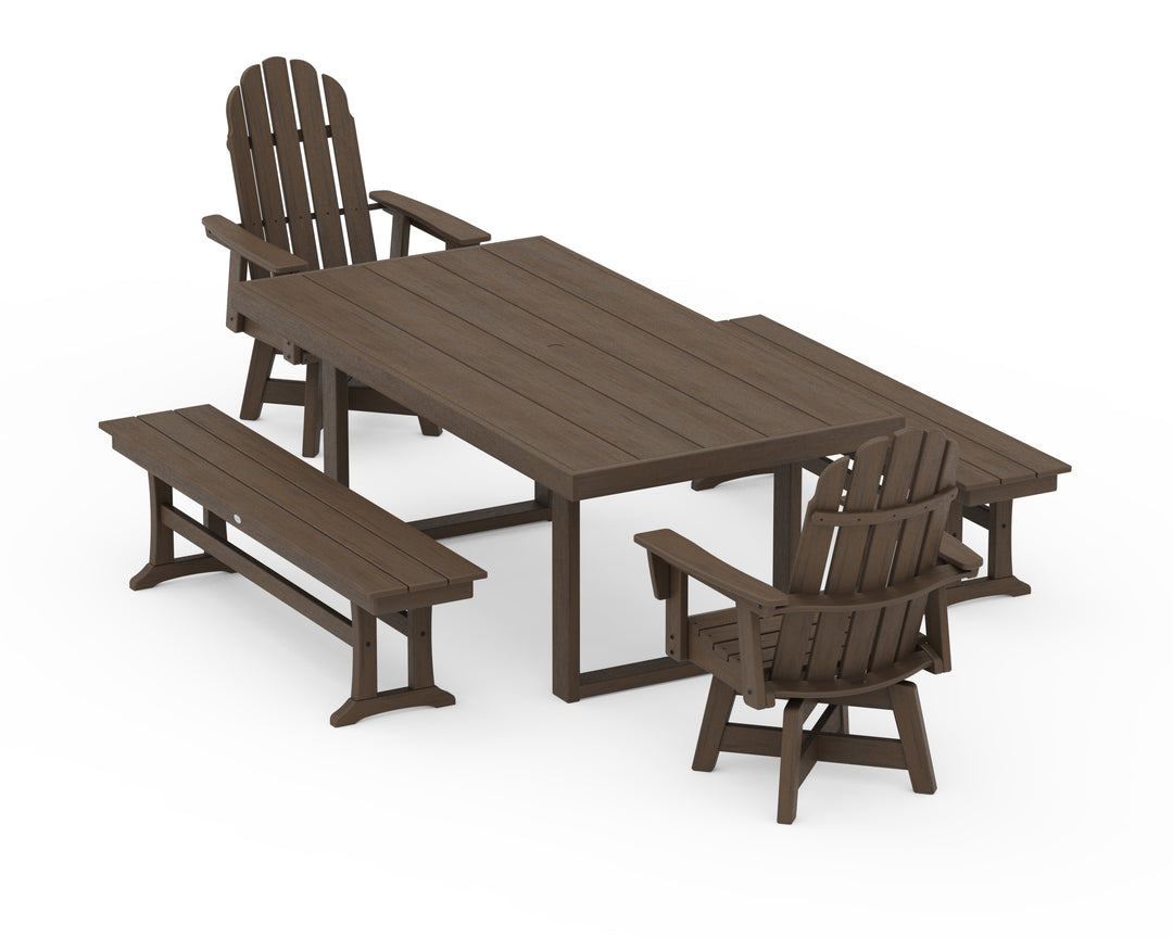 POLYWOOD® Vineyard Curveback Adirondack Swivel Chair 5-Piece Dining Set with Benches