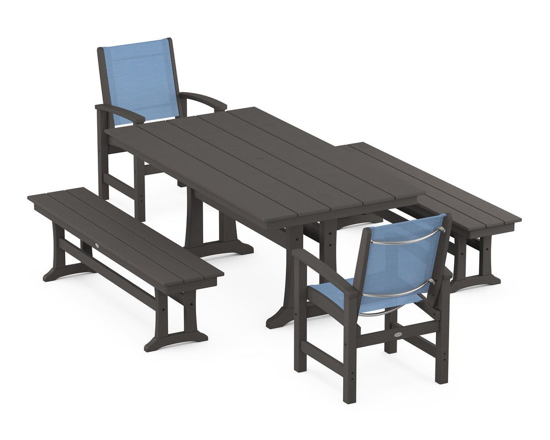 POLYWOOD® Coastal 5-Piece Farmhouse Dining Set with Trestle Legs and Benches