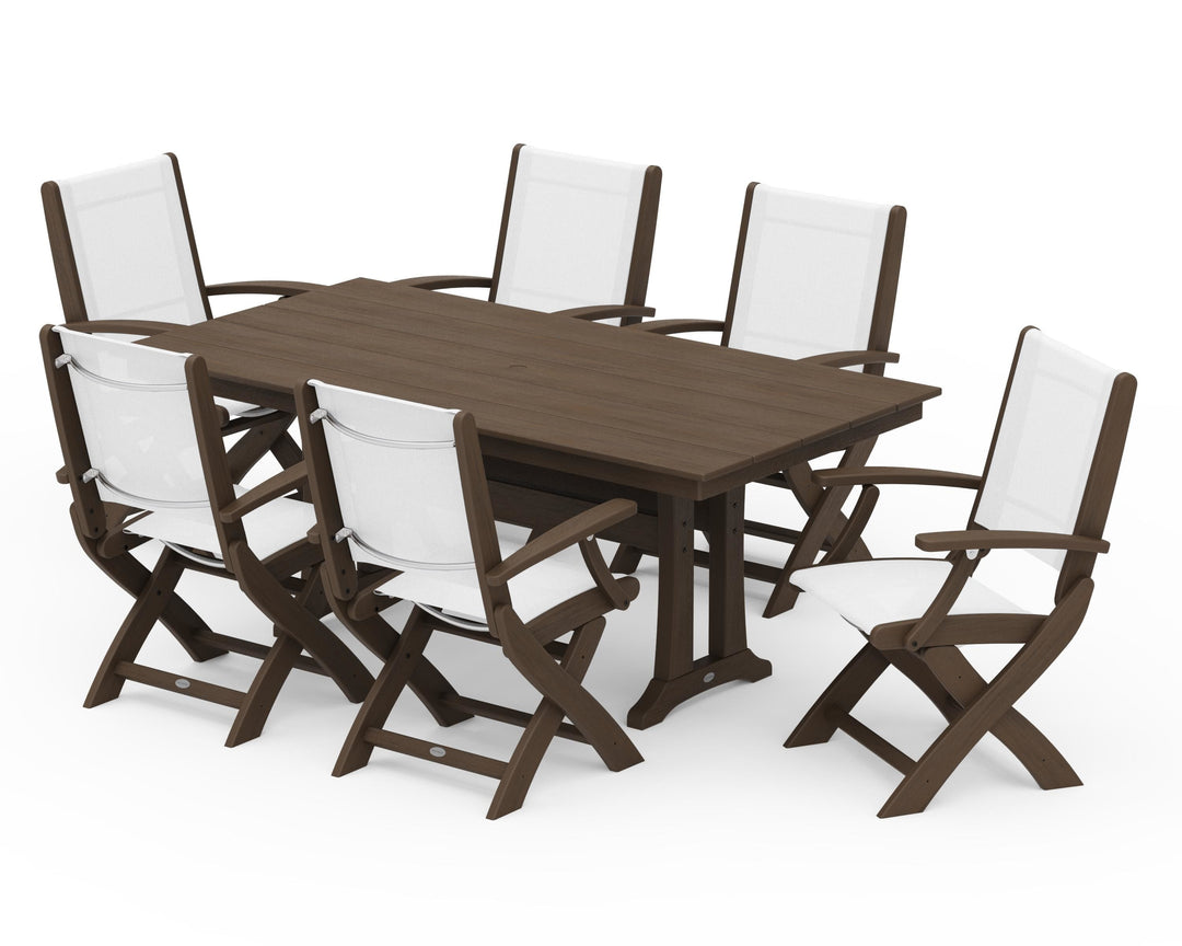 POLYWOOD® Coastal Folding Arm Chair 7-Piece Farmhouse Dining Set with Trestle Legs